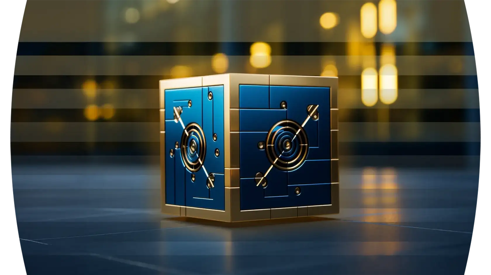 A 3D rendered image of a blue safe with dual combination locks, situated on a reflective dark surface against a blurred background