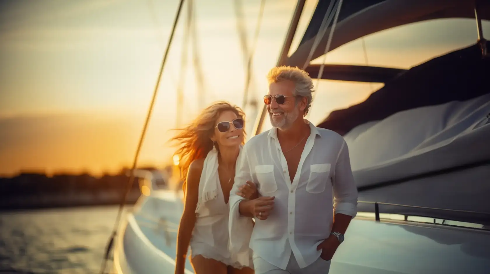 Couple on a yacht smiling with sunset in the background