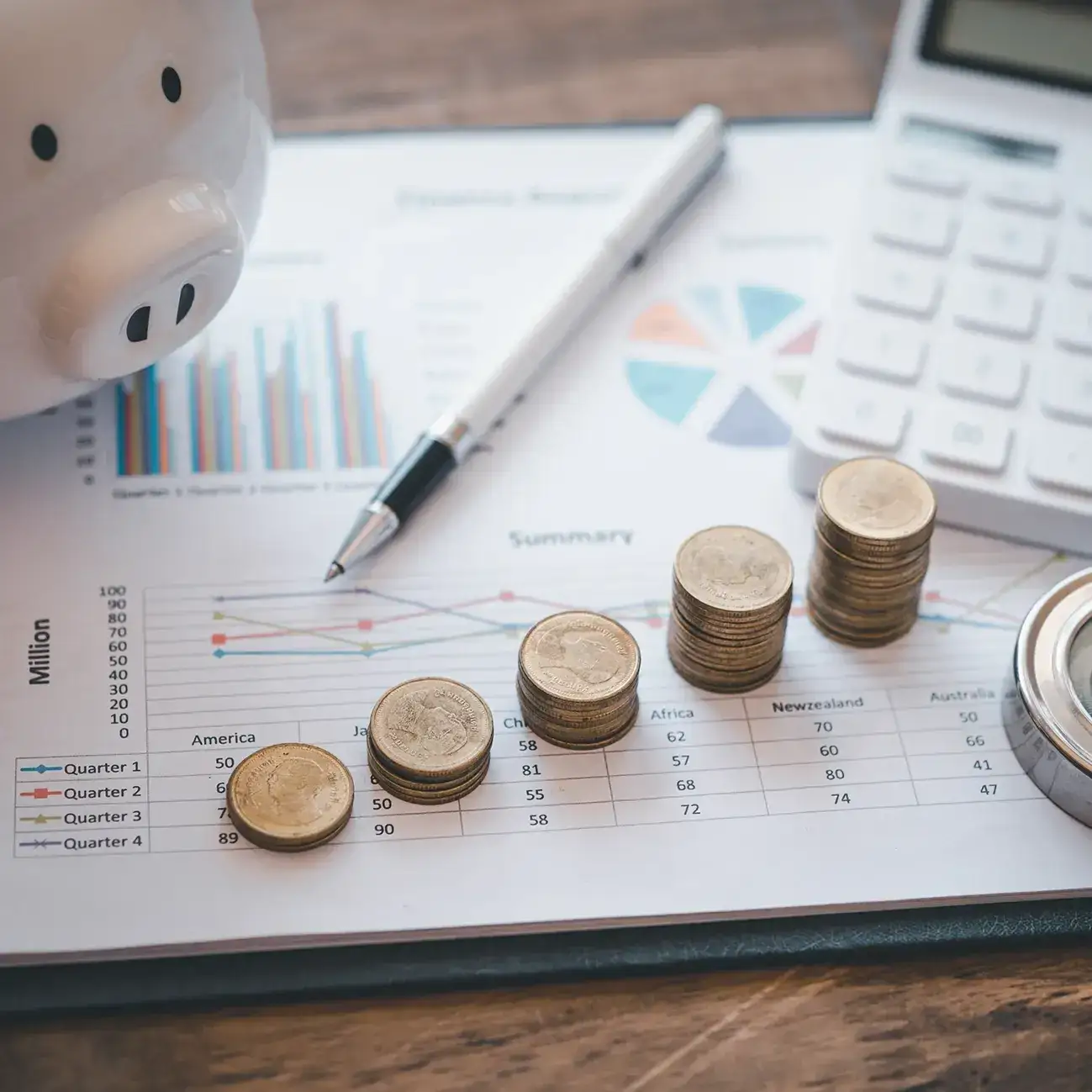 Image of a desk with financial charts, a calculator, stacked coins in ascending order