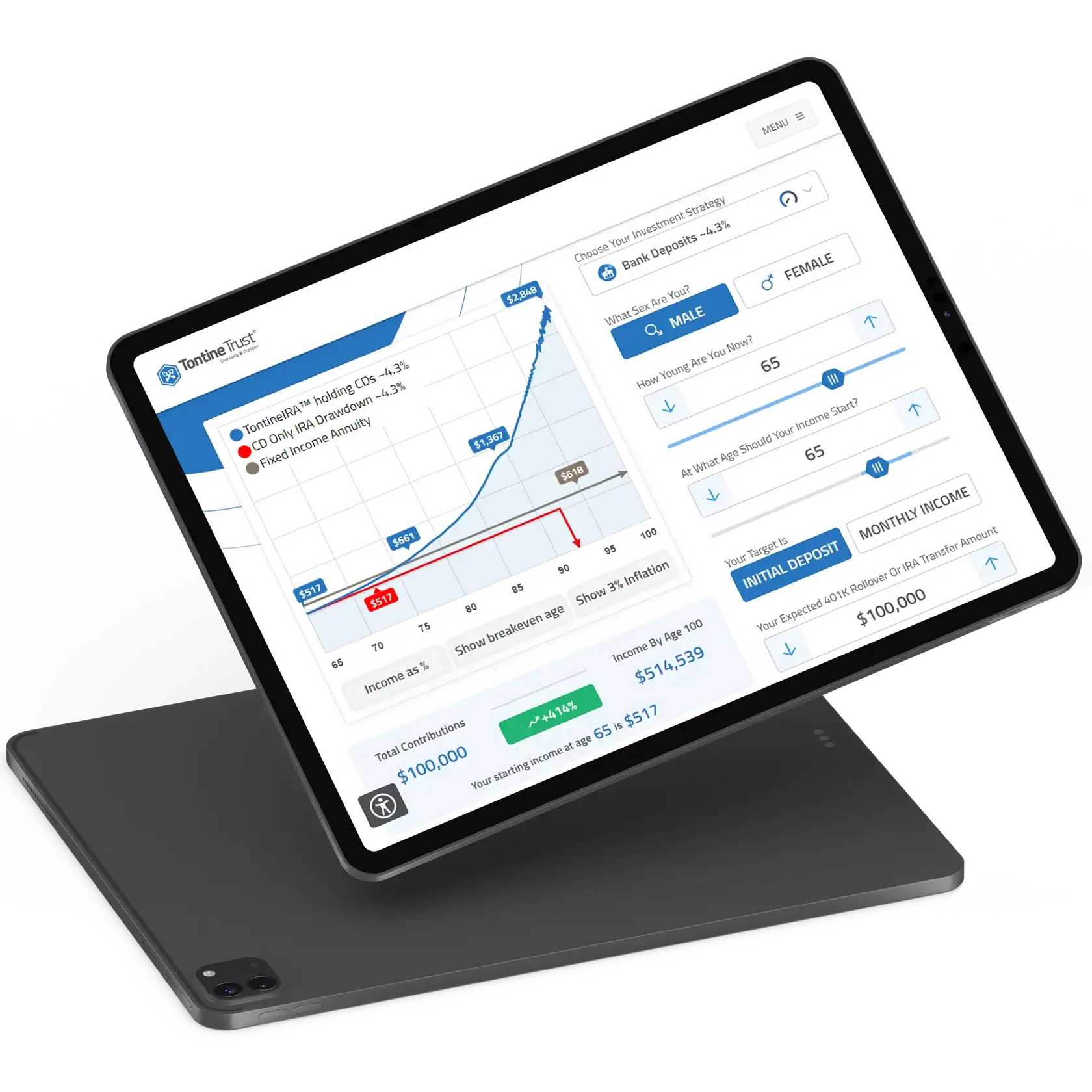 Mockup of two iPads with Tontinator on screen.