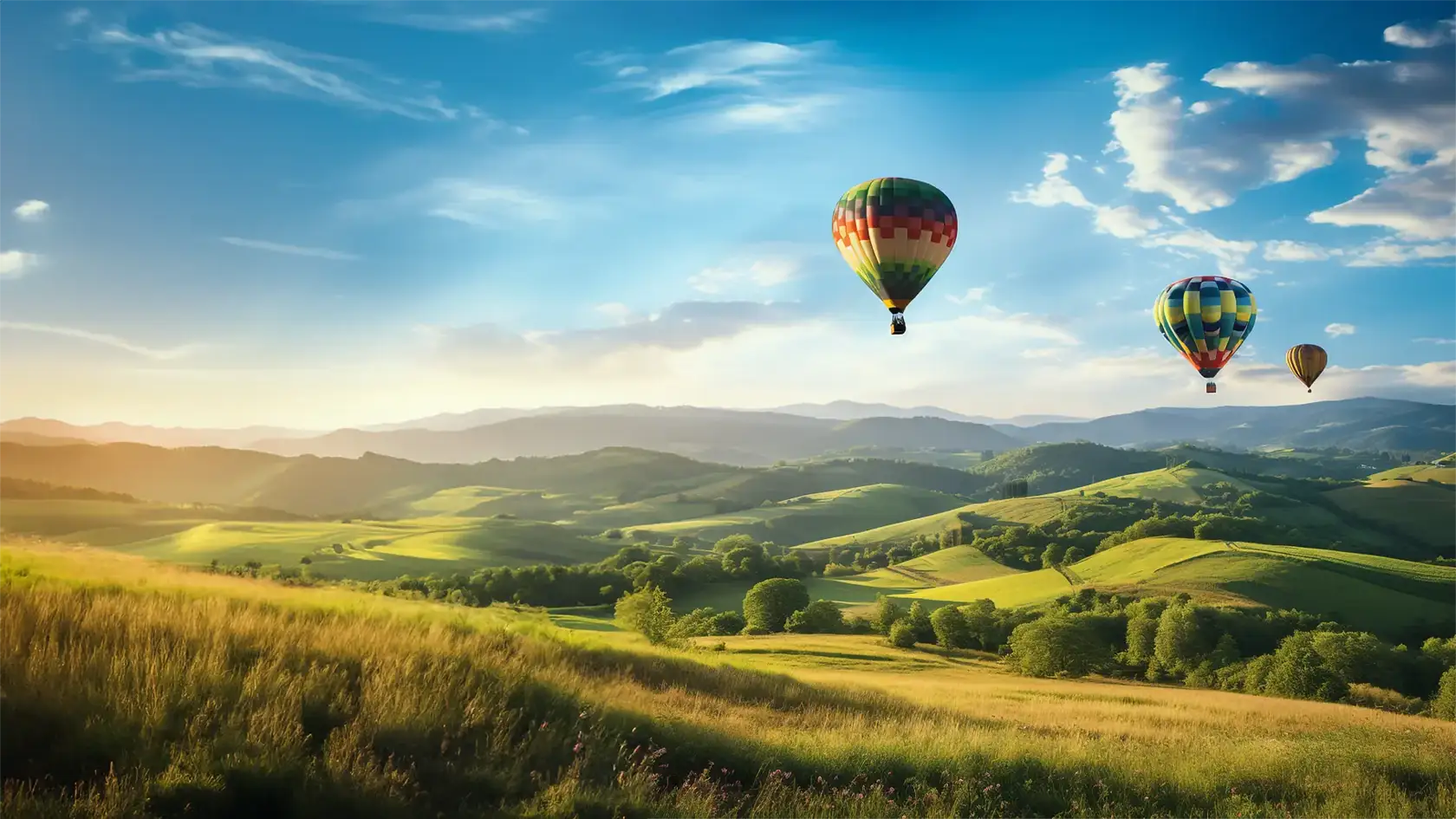 Landscape image of green fields and three hot air balloons in the blue sky