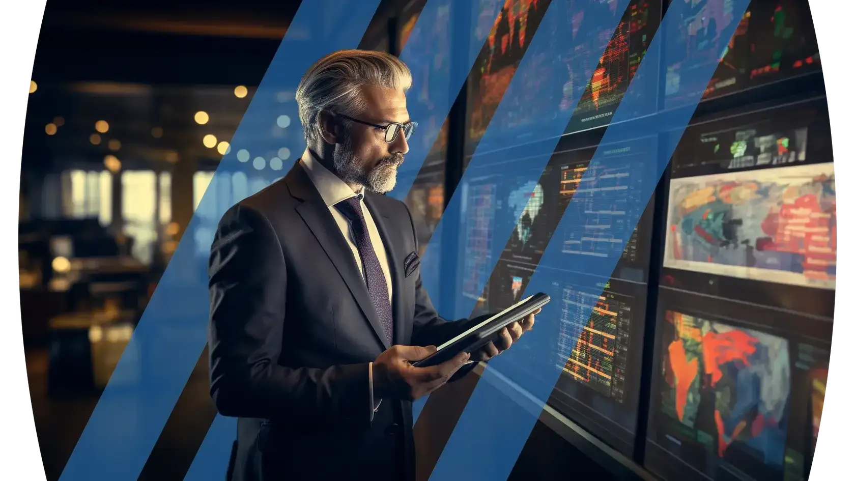 Businessman with a tablet in his hands looking at wall of displays with all kinds of metrics and world maps