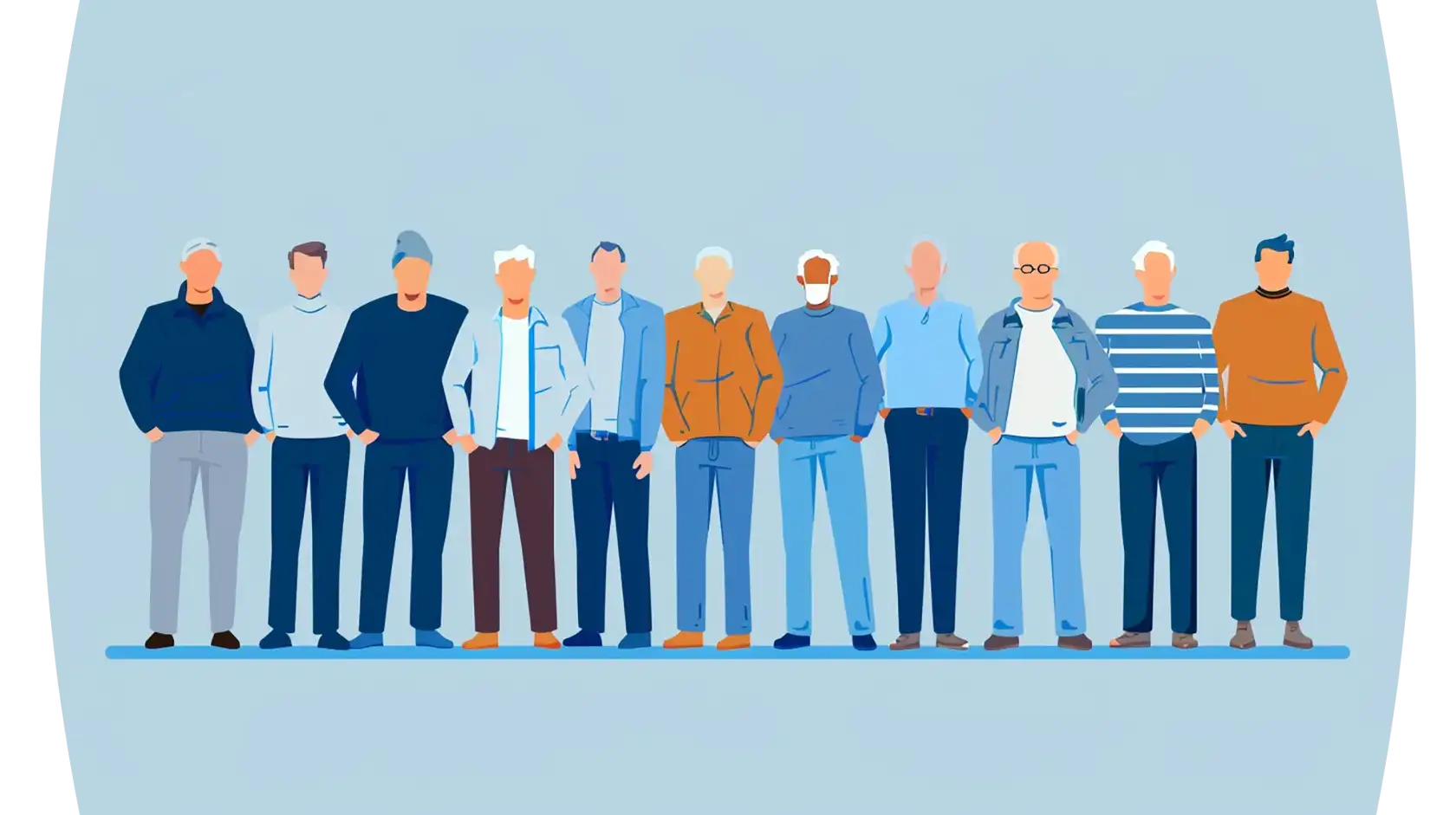 Illustration of eleven stylized male figures in casual attire, standing side by side against a plain background